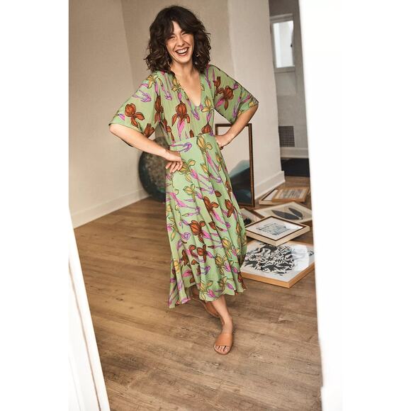 Anthropologie‎ Raina Kimono Dress Size 4 Midi Green Pink Floral Flowy Chic - Picture 4 of 16